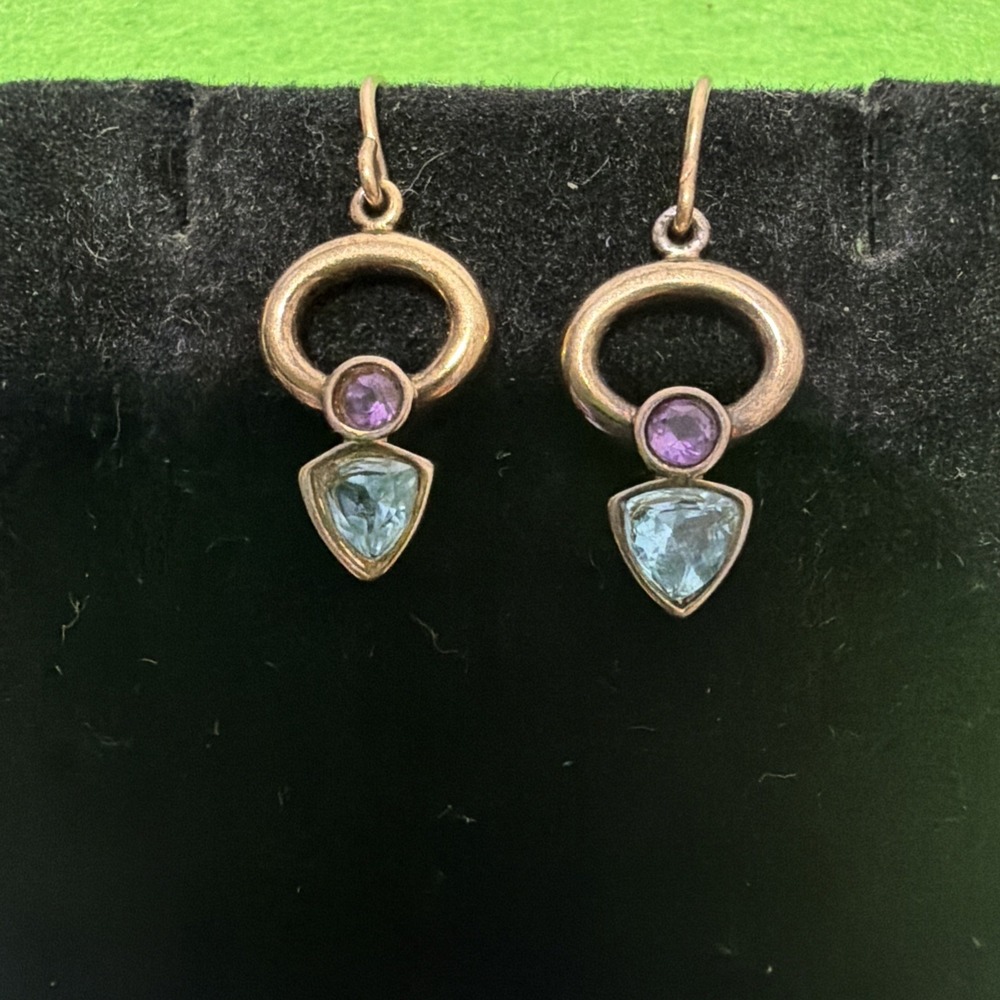 Signed SAW 925 Sterling Silver Oval Amethyst &blue Topaz Peridot Dangle Earrings
